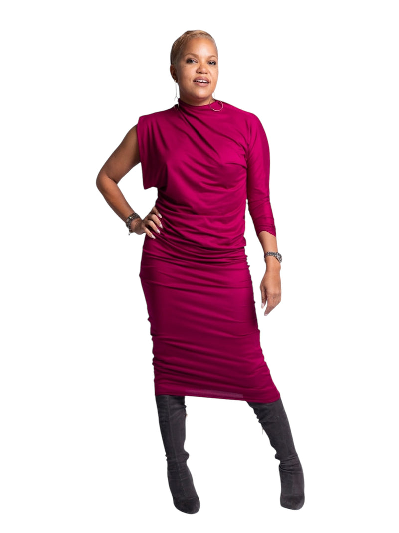 Elise - One Sleeve Dress - Magenta - TN-148