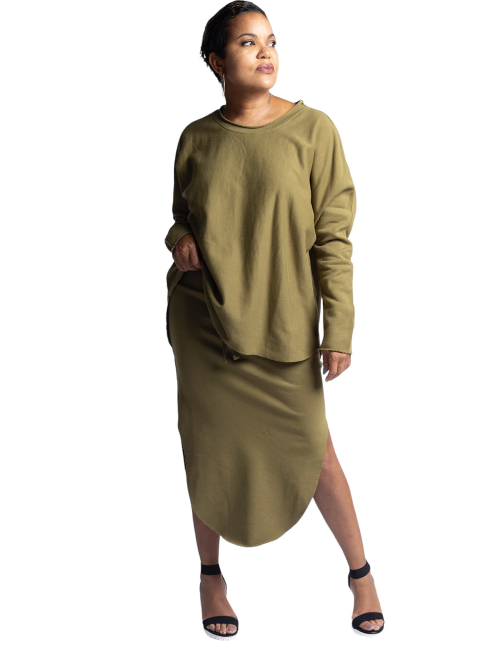 Mia - Raw Edge Long Sleeve Top- Olive